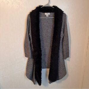 Once Again Gray and Black Long Cardigan Sweater with Open Front Fur Shawl Collar